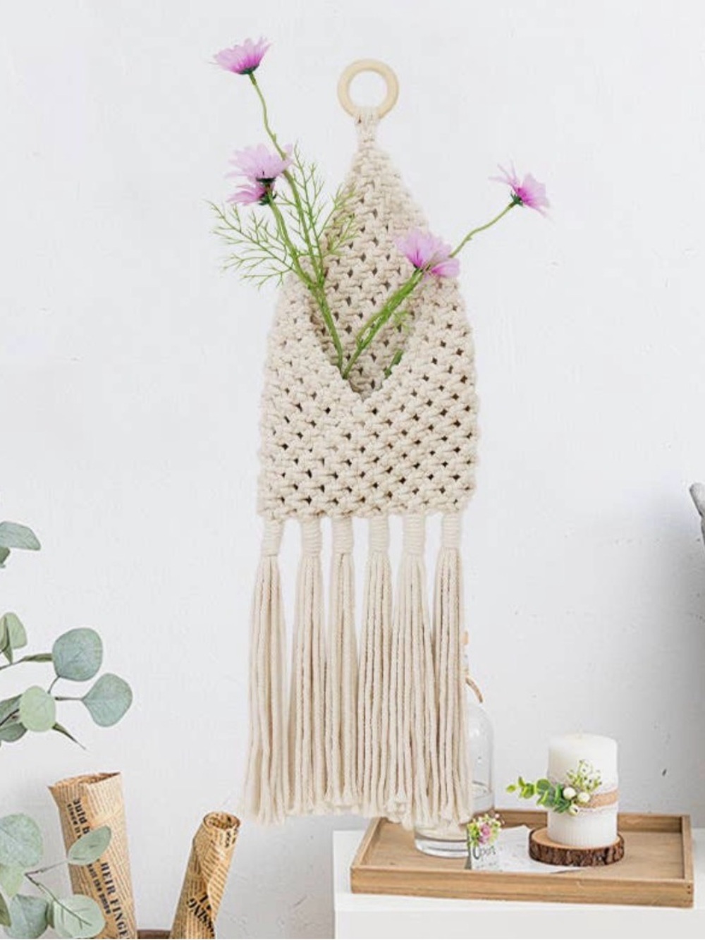 Handmade Macramé Wall Hanging with Fringe - Cream